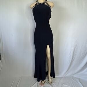 Betsy & Adam Beaded Halter Gown Navy Black Cutout Slit Formal Dress 2